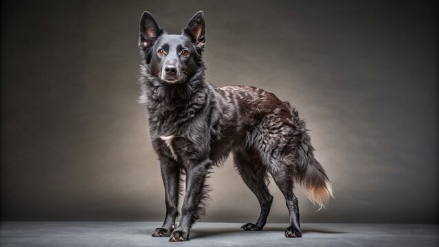 Wide shot of a Mudi standing, studio portrait.