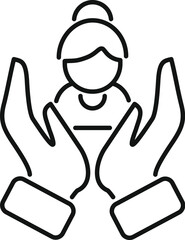 Line icon of two hands protecting a businesswoman, symbolizing security and support in the business world