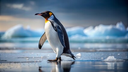 Naklejka premium Wide shot of a Penguin waddling on ice, studio portrait.