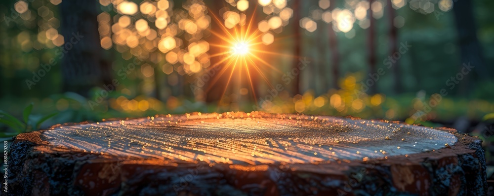 Poster sunlit tree stump in forest with dew drops and bokeh background at sunrise