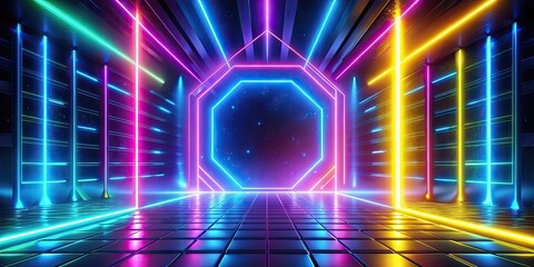 Futuristic stock photo featuring dynamic blue, yellow, and pink neon flares, neon, futuristic, dynamic, light, lines