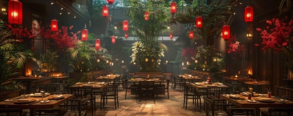 Fototapeta premium Elegant Asian-Inspired Restaurant Interior with Red Lanterns and Lush Greenery