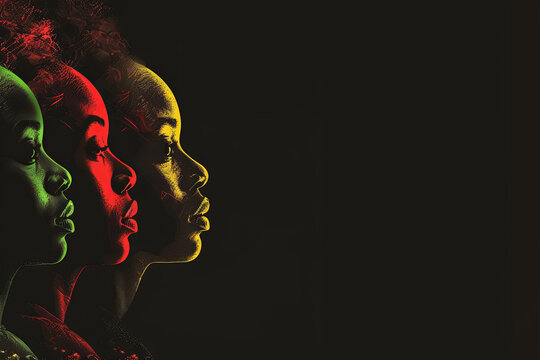Black History Month background with African-American faces in profile in red, yellow, and green colors on a black background, celebrating Juneteenth, freedom day, racial equality, and human rights