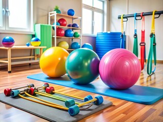 Medical equipment, such as resistance bands and exercise balls, assist in physical therapy for juvenile arthritis treatment, focusing on rehabilitation and pain relief.