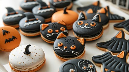 Obraz premium Witness a stylish arrangement of Halloween treats on a clean white surface, presenting black cat macarons, haunted house cookies, and vampire-themed cake slices. The composition shines with