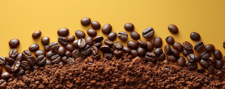 Freshly Roasted Coffee Beans and Ground Coffee on Vibrant Yellow Background