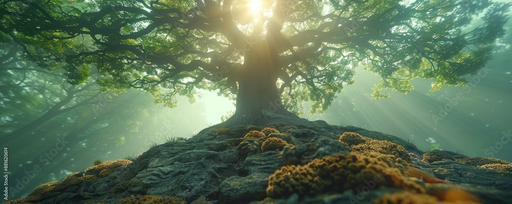 Aufkleber majestic tree with sunlight filtering through leaves in a serene forest setting