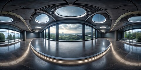 Futuristic dark geometric round organic shape environment with full 360 panorama view, futuristic, dark, geometric, round, organic