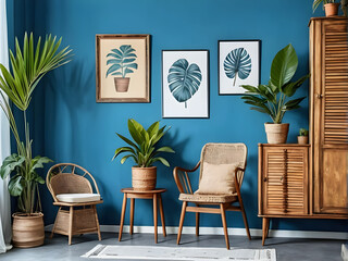 Stylish apartment interior with blue wall decorated in vintage style with wooden cupboard,chair, mock-up poster and tropical potted plant