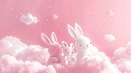 **A soft, pastel pink background with adorable cartoon bunnies and fluffy clouds, creating a cute and dreamy wallpaper for a computer screen, 32k, full ultra hd, high resolution
