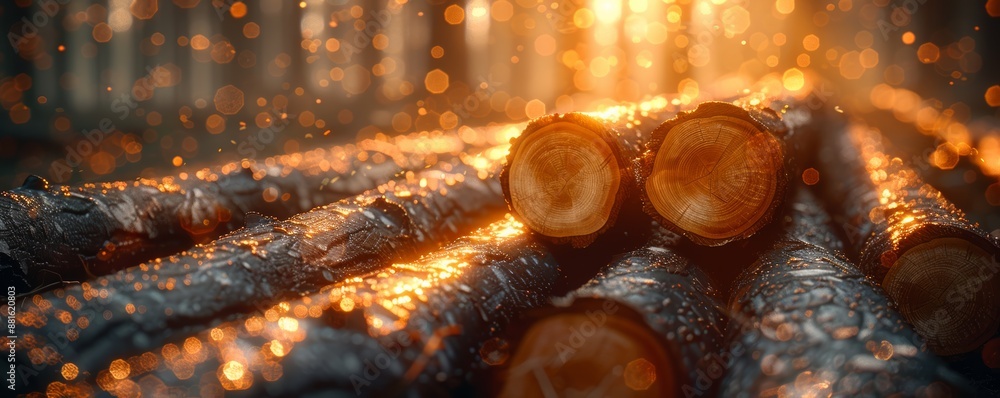 Poster sunlit logs in forest with bokeh effect - warm golden light on cut tree trunks