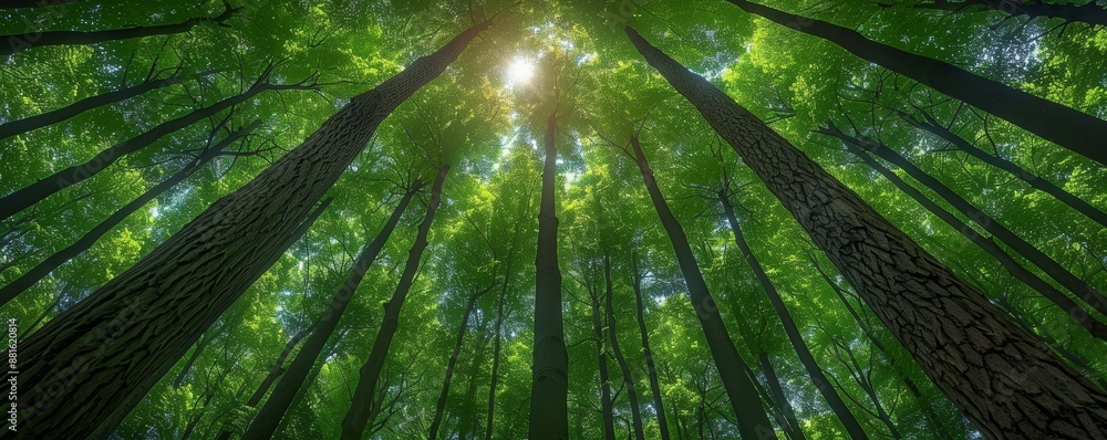 Aufkleber sunlight filtering through tall trees in a lush green forest captured from a low angle perspective