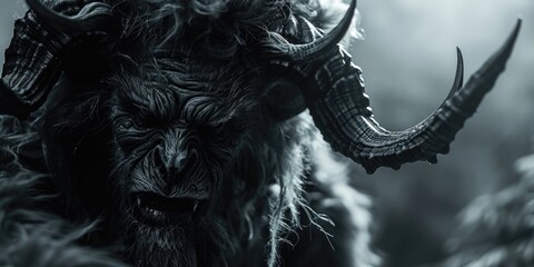 Black and white photo of monster with horns and large mouth