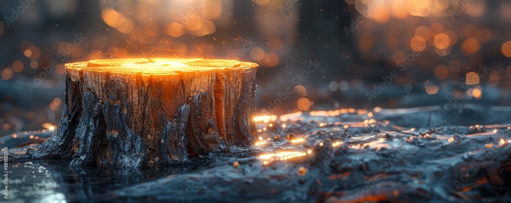 Aufkleber enchanting tree stump in a mystical forest with glowing sunlight and bokeh effect