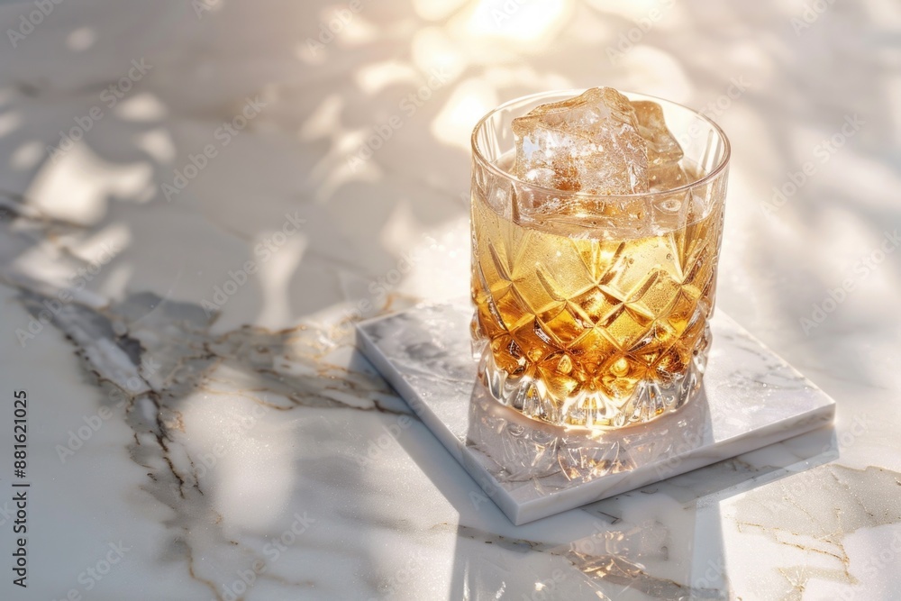 Poster glass of liquor is sitting on marble countertop