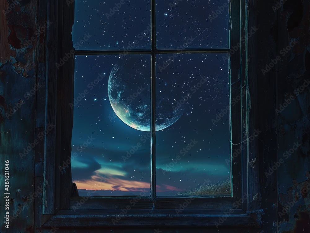 Poster Window with moon and stars in sky