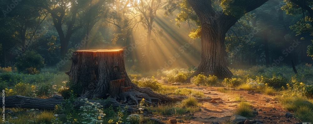 Aufkleber sunlight filtering through trees in a serene forest with tree stump and lush greenery