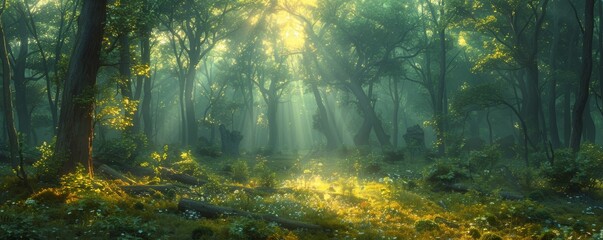 Fototapeta premium Enchanting Sunlit Forest with Lush Greenery and Mystical Atmosphere