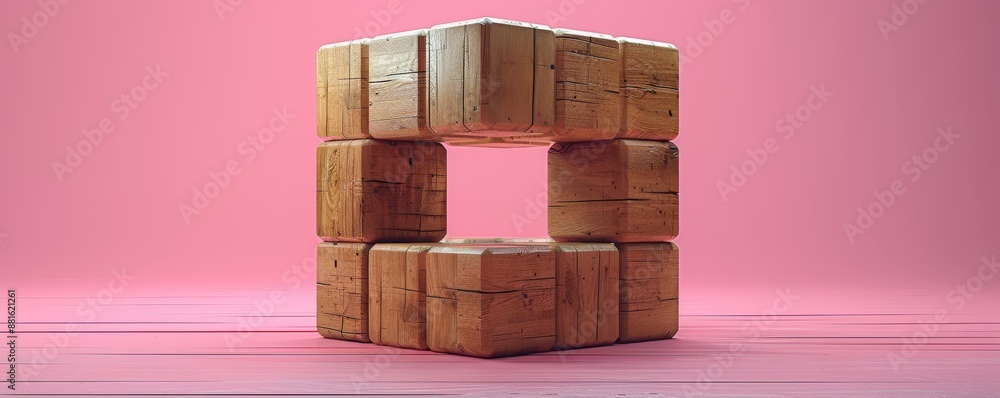 Poster wooden blocks arranged in an upward structure on a pink background symbolizing growth and progress