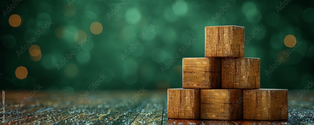 Poster Wooden Blocks Arranged in an Upward Pyramid Shape on a Wooden Surface with Green Bokeh Background