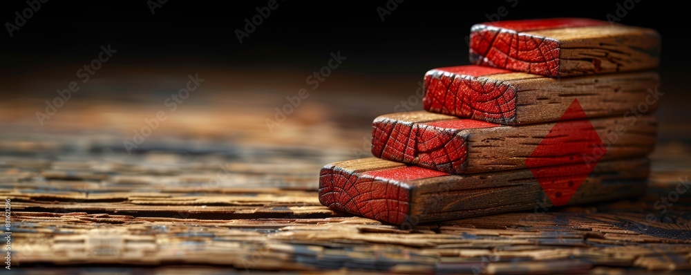 Poster wooden blocks arranged in an upward direction symbolizing growth and progress on rustic wooden surfa
