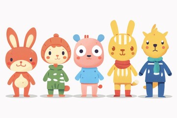 Five Cartoon Animals Wearing Winter Clothes