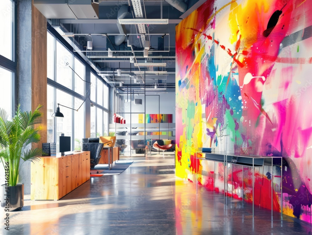 Poster brightly colored room with large wall mural and potted plant