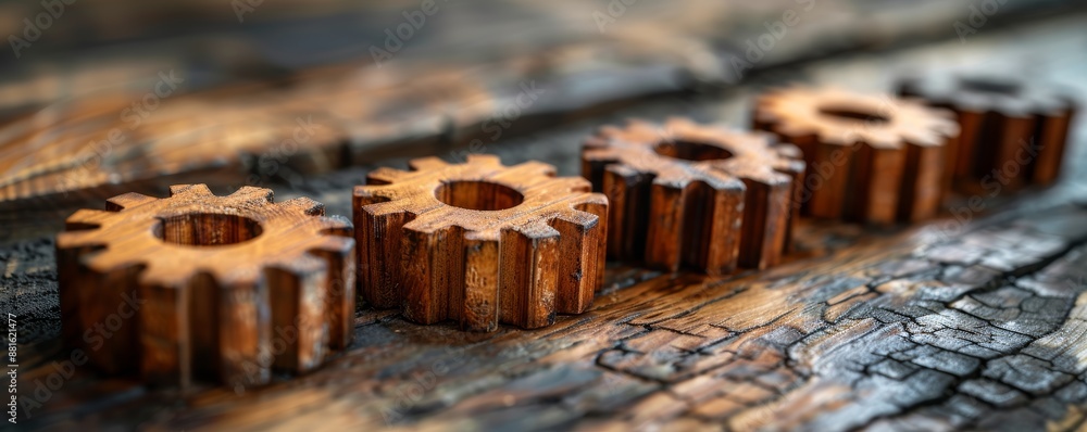 Poster wooden gears arranged in a row on rustic wooden background symbolizing teamwork and mechanical progr