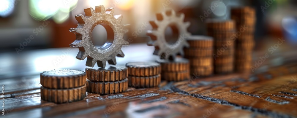 Poster wooden blocks and gears arranged to show an upward trend on a rustic table with sunlight