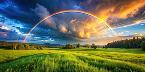 Fototapeta premium Rainbow stretching over lush meadow with vibrant colors, rainbow, meadow, nature, colorful, sky, grass, vibrant, idyllic