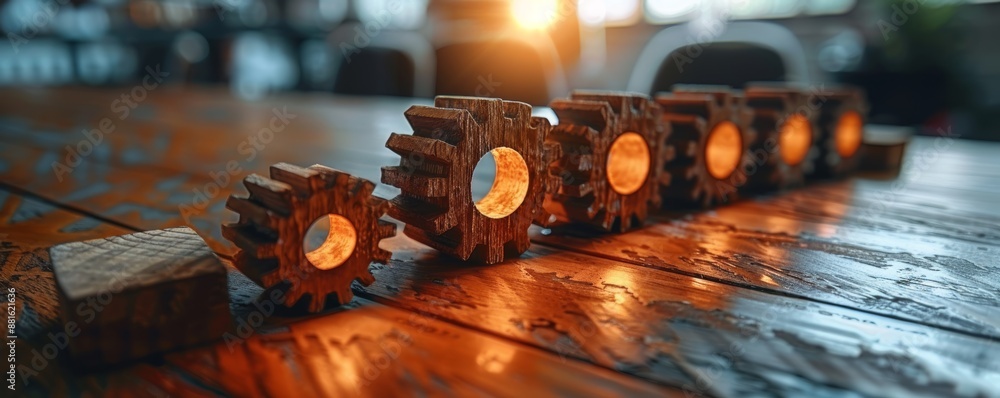 Poster wooden blocks arranged in an upward pattern symbolizing growth and progress on a rustic wooden table
