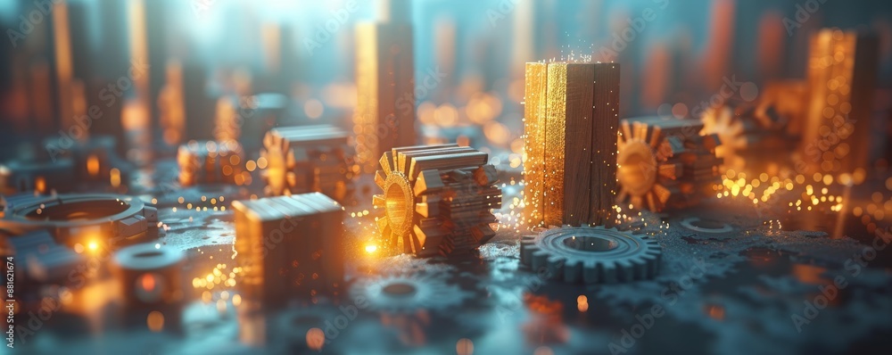 Poster wooden blocks arranged to show an upward trend with gears and sparkles in a futuristic setting