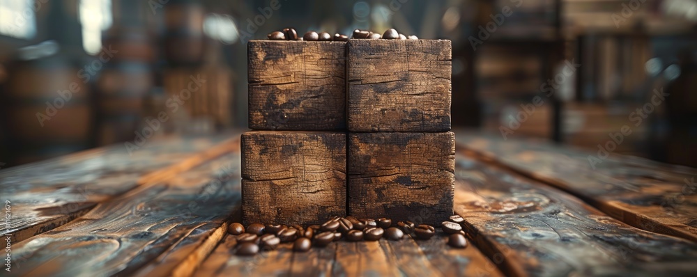 Poster rustic wooden blocks arranged in an upward stack with coffee beans on wooden table in vintage settin