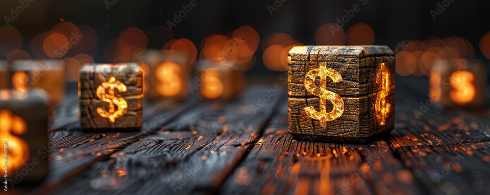Poster wooden blocks with glowing dollar signs arranged on a rustic wooden surface with bokeh background