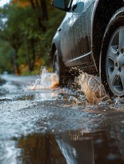 Car is driving on wet road with water splashing out from tires