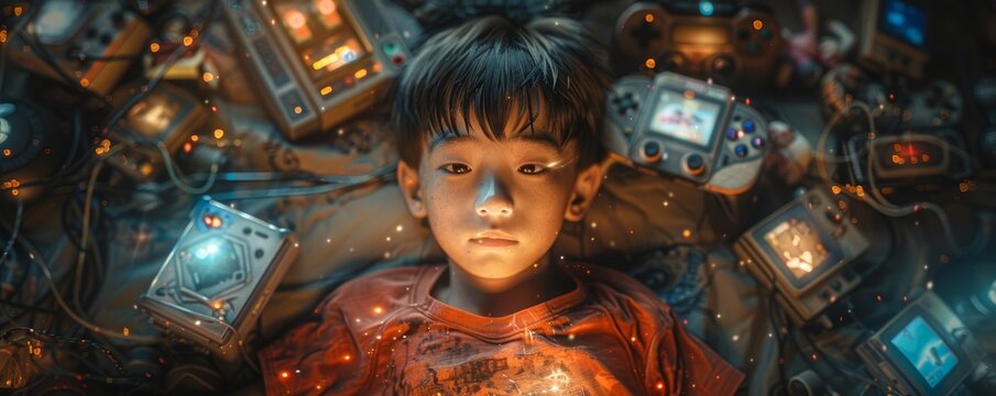 Young Boy Immersed in Video Games Surrounded by Retro Gaming Consoles and Controllers in a Dimly Lit Room