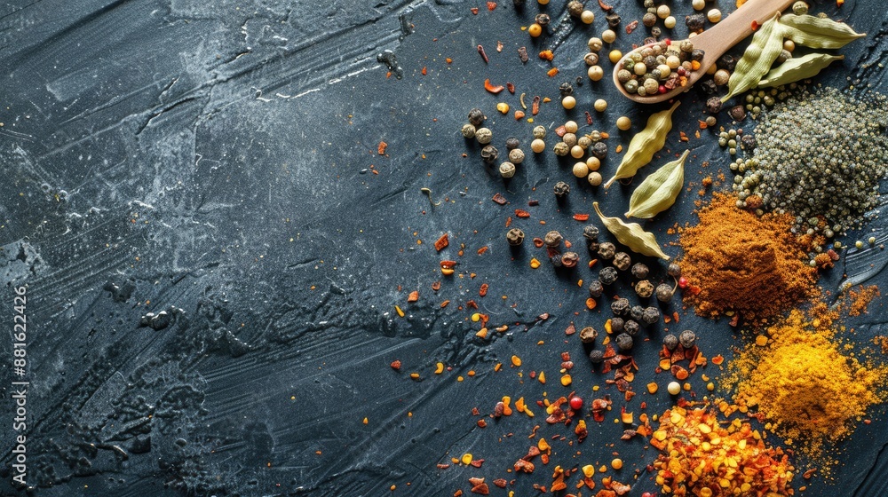 Aufkleber assorted spices on a dark surface overhead view with space for text