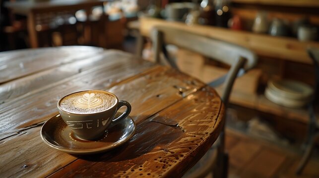 Milk based coffee or latte art java served on an oak table in a coffee shop