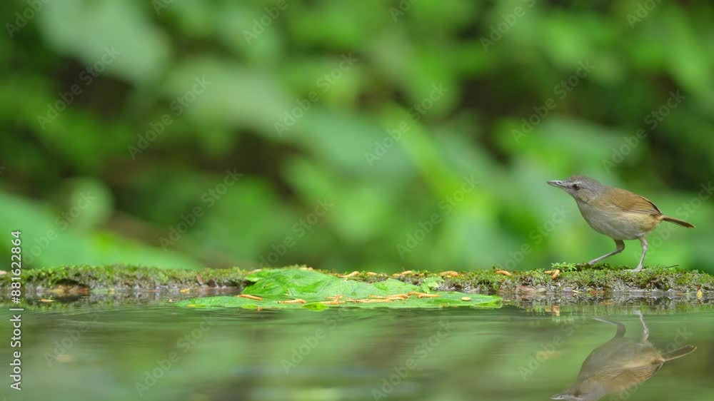 Poster the small horsfield's babbler bird was at the end of the pool with its own reflection