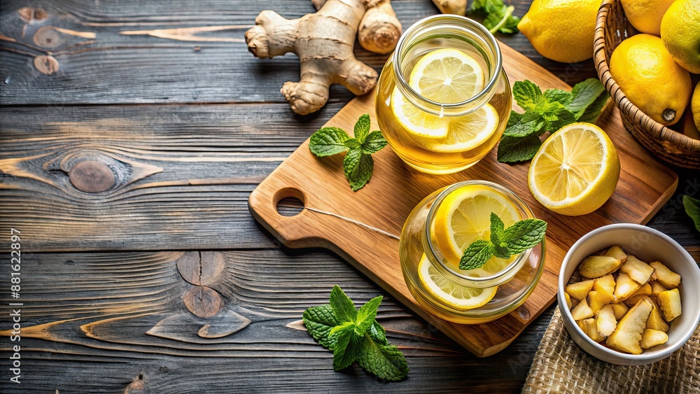 Wall mural Ginger and lemon infused healthy dishes , ginger, lemon, food, healthy, ingredients, cooking, cuisine, aromatic, fresh