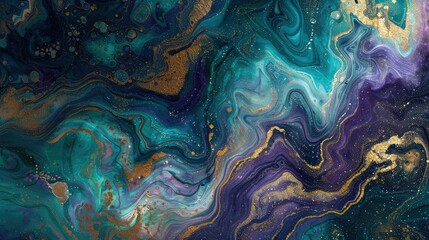 The serene beauty of a cosmic landscape where gold foil rivers meander through a marbled terrain of deep blues, purples, and hints of emerald green.