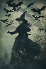 Fototapeta premium Woman in witch costume is surrounded by bats