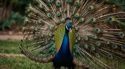 Obraz premium Peacock walking sideways with its wings closed, generative.ai 