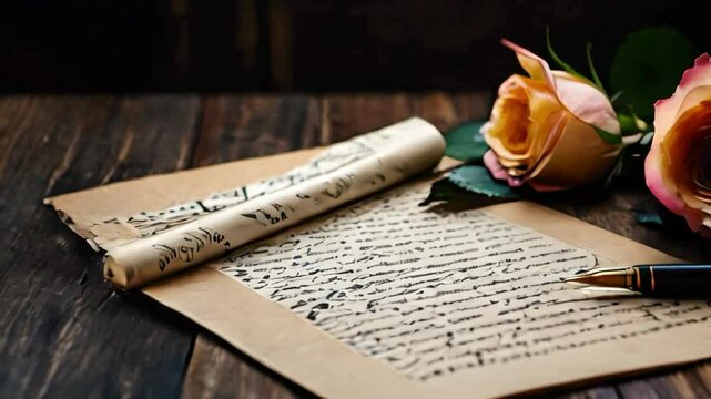 Top view of a black colored sheet on a wooden table, roses near the sheet, a calligraphy pen on the right side, bottle of Attar near the sheet
