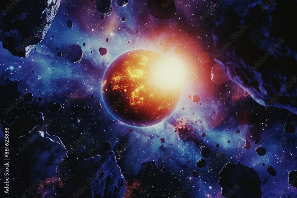 Wall mural planet with sun in middle of it and lot of rocks surrounding it
