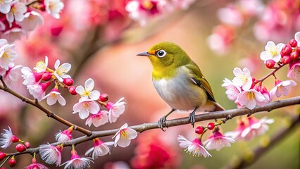 Plum blossoms and Japanese white-eye bird in spring garden, plum, blossoms, flowers, Japanese white-eye, bird, spring, garden