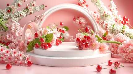 A delicate pastel architectural podium decorated with a cluster of red cherries on each side. The background complements the cherries' vibrant red hue, adding a touch of sweetness. 
