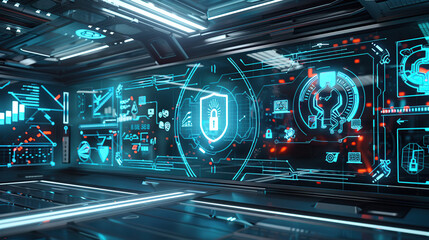 A futuristic digital security interface displaying holographic locks and data streams