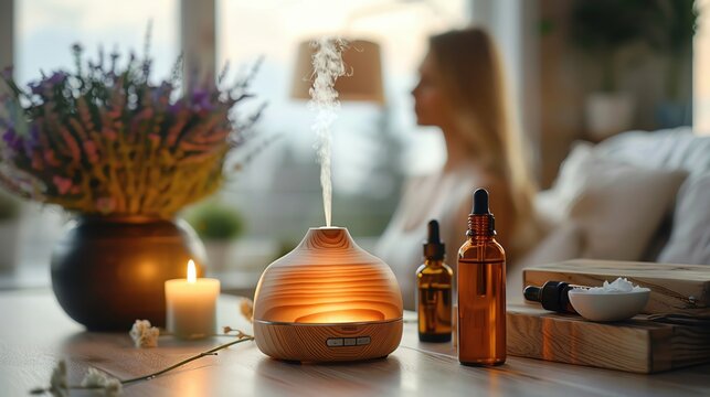 Aromatherapy setup with essential oils and a diffuser, warm tones