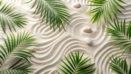 Soothing white sand zen pattern with intricately drawn palm leaves and subtle lines on a calming spa-inspired background.